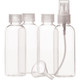 A set of clear plastic bottles with different caps, including a spray bottle and a funnel.
