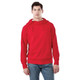 A red fleece hoodie for men, featuring a kangaroo pocket and a drawstring hood. It has a logo on the front.