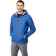 A blue packable puffer jacket with a hood, featuring a logo, worn by a smiling man.