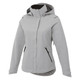 A women's soft shell jacket in light grey with a hood and zippered pockets, featuring a logo.