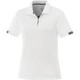 A white women's short sleeve polo shirt with a subtle logo and grey accents on the sleeves.