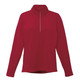 A women's quarter zip jumper in red with long sleeves and a high collar, featuring a branding logo.