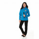 A woman in a blue softshell jacket stands with a microphone, paired with black pants and shoes. The jacket features a logo.