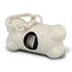 A cream-coloured pet bag dispenser shaped like a bone, featuring a clip and an opening for refills.