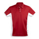 A red polo shirt with white side panels and a collar, featuring a three-button placket and a logo.