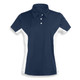 A women's polo shirt in navy blue with white side panels and a classic collar, featuring a logo.