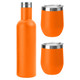 A drink bottle and two matching cups in bright orange with stainless steel accents. The set includes a logo.