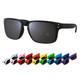 Geo RPET sunglasses in various colours, including black, white, pink, yellow, green, blue, and purple, displayed with a logo.