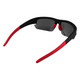 Sunglasses with a black frame and red accents, featuring dark lenses and a sporty design.