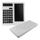 A white, foldable calculator featuring a keypad and an LCD screen. It has a sleek, compact design and a logo.