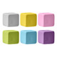 A set of six rubber cube erasers in grey, yellow, pink, green, blue, and purple. Each has a smooth surface and a logo.