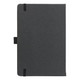 A recycled leather notebook with a hard cover, featuring a sleek dark exterior and elastic band closures.