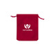 A red velvet drawstring bag with a logo at the front.