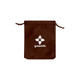 A brown velvet drawstring bag with a logo on the front. The bag features a cinched closure.