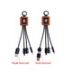 A charging cable with a square-shaped design, featuring black cords and two types of input ports, alongside a logo.
