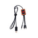 A long square-shaped charging cable with a wooden connector, featuring a black braided cable and a logo on the attachment.
