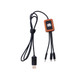 A square-shaped charging cable with a textured wooden connector and three outlets, featuring black braided cords.