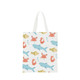 A cotton bag with a white background featuring colourful aquatic creatures like fish, crabs, and bubbles, and has short handles.