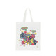 A white cotton bag with a colourful graphic design featuring bright illustrations and a logo.