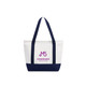 A small canvas tote bag in white with navy handles and a logo on the front.