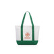 A small canvas tote bag in white and green, featuring a logo on the front and two sturdy handles.