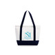 A small canvas tote bag in white and navy blue, featuring a logo on the front.