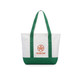A medium canvas tote bag in white and green, featuring a logo on the front.