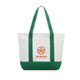 A large canvas tote bag in white with green accents, featuring a logo on the front.