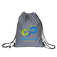 A grey reflective drawstring bag with a logo and coloured design. Features black drawstrings for closure.