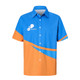 A short-sleeved button-up shirt in blue and orange with a logo on the front. Made from 100% cotton.