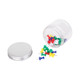 A 100ml round transparent container with an aluminium lid, filled with colourful push pins, in red, blue, green, yellow, and white.