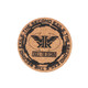 A round cork coaster in natural brown, featuring a black emblem and text design in the centre.