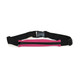A pink running belt with a black adjustable strap and a zippered compartment. Features a logo.