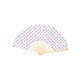 A foldable fan with a pattern of red and blue stars on a white background, featuring a natural wooden handle.