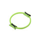 A bright green Pilates circle with black grips, designed for fitness activities. It features a smooth, rounded shape.