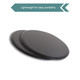 Two black yoga sliding disks are shown side by side, designed for easy portability. Each disk features a smooth surface.