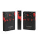 A set of custom playing cards in a black and red box featuring heart and spade designs, with a logo on the packaging.