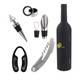 A drink bottle shaped set featuring a corkscrew, pourer, stopper, and seal, with a matte black finish and branding.