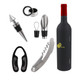 A drink bottle shaped wine tools set features a red corkscrew, pourer, stopper, and bottle opener in silver and black.