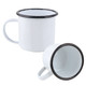 A 350ml white enamel camping mug with a black rim and one mug tilted on its side. It features a handle and a logo.