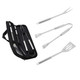 Three stainless steel barbecue tools including a spatula, fork, and tongs, packaged in a black pouch.