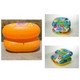 Custom inflatable chairs in vibrant orange and multicoloured patterns, designed for leisure and outdoor use.