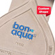 A silver custom medal features a water droplet shape and a logo in blue.