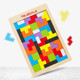 A wooden puzzle featuring various colourful geometric blocks on a light background, with a brand logo at the top.