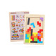 A wooden puzzle set featuring colourful blocks in various shapes and sizes. The board has a logo.
