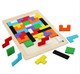A wooden puzzle board with various colourful geometric blocks surrounding it, featuring shapes in red, blue, yellow, green, and orange.