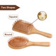 A bamboo hairbrush with round and square shapes, featuring wooden bristles and a natural finish. It has a branding logo.