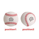 A training baseball pair with white bodies and red stitching, featuring a logo on each ball.