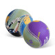 Two promotional baseballs featuring a combination of blue, purple, and green colours, with custom branding.