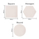 A set of cream coasters in square, hexagon, and round shapes, each with specified dimensions. Each has a logo.
